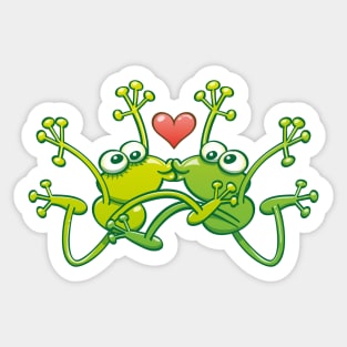 Funny green frogs falling in love while performing an acrobatic kiss Sticker